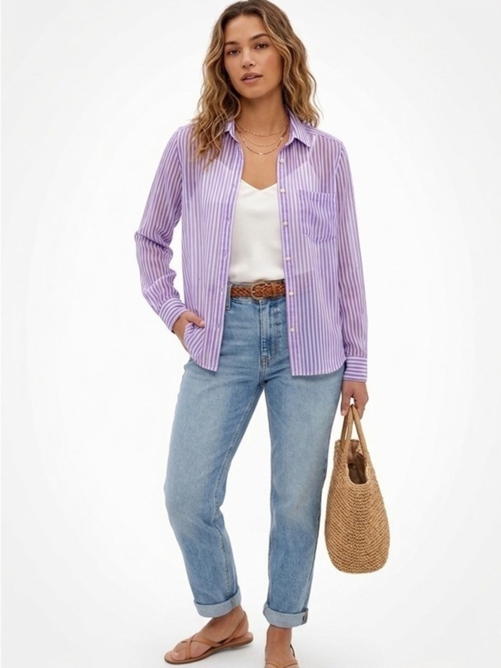 American Eagle Purple & White Striped Button Down Shirt Semi Sheer Size Large